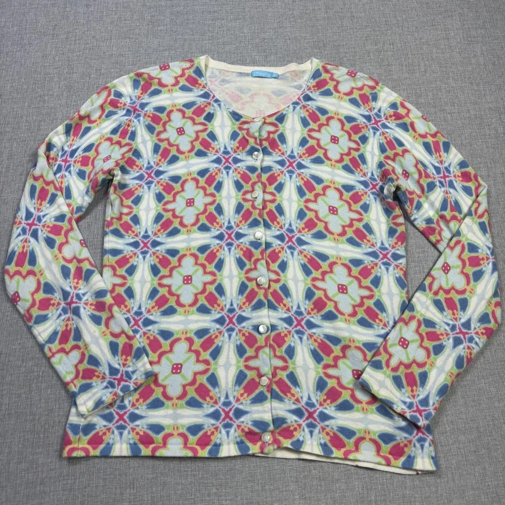 J. McLaughlin Floral Cardigan Sweater Womens M Multicolor Scoop Neck Button